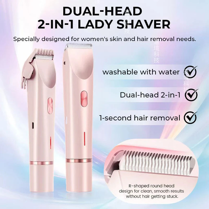 2 in 1 Dual-Head Painless Women Electric Razors Bikini Trimmer Wet Dry Use for Ladies Pubic Hair Detachable Head Electric Shaver